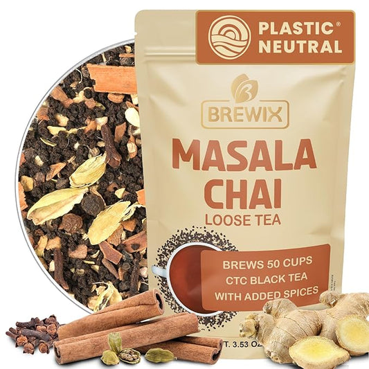 BREWIX, Masala Chai Tea Loose Leaf CTC TEA (50+ Cups, 3.53oz/100g) Strong Robust & Aromatic, All Natural | Blended with Exotic Spices | Ginger, Cinnamon, Cardamom, Clove & Black Pepper