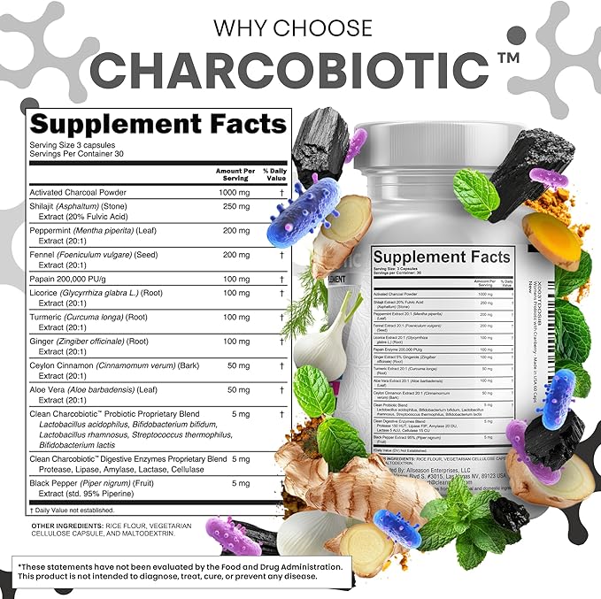 Clean Nutra Activated Charcoal Pills + Shilajit Probiotic Digestive Enzymes for Digestive Health Capsules with Peppermint Fennel Licorice Papain Ginger Turmeric Powder | Gut Health