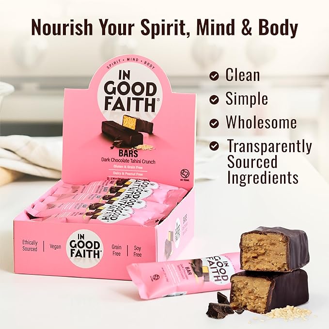 In Good Faith Dark Chocolate Tahini Crunch Bars, Healthy, Gluten Free, Vegan, Dairy Free Chocolate Bars (12 pack)