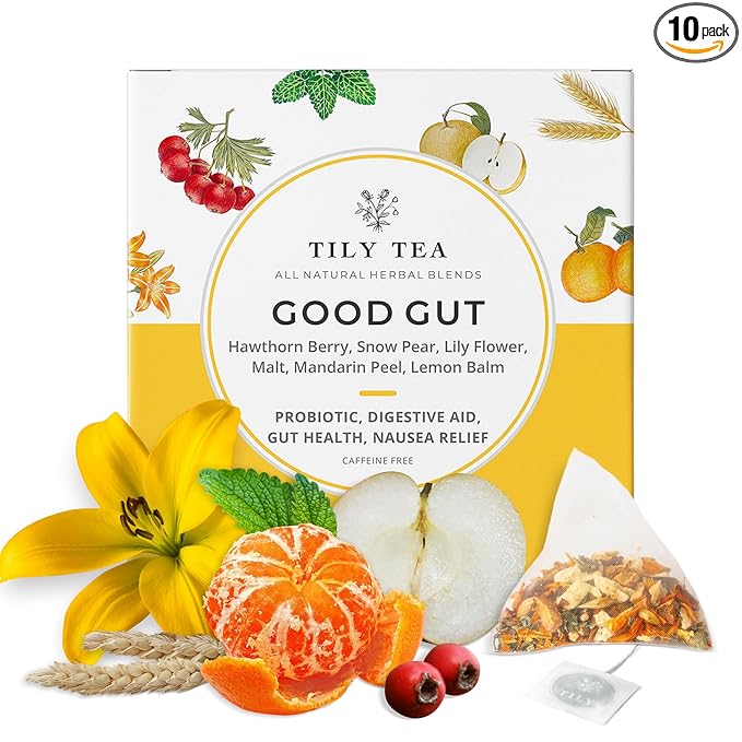 Tily Tea Good Gut Herbal Tea - Natural Prebiotic Tea for Digestive Support - Caffeine Free - 10 Plastic-Free Tea Bags