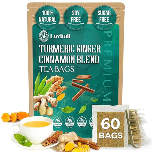 Lavitali, Ginger Turmeric Cinnamon Tea | 60 bags, 100% Pure Herbal Tea | Caffeine-Free, No Sugar, Eco-Friendly Filter Bag | Daily Natural Botanical, Hot or Iced Herbal Infusion