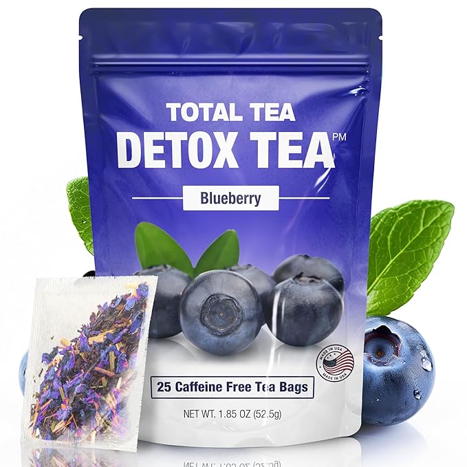 Total Tea SIimming Detox Tea Caffeine Free - 25 Day Detox - Herbal Tea with Chamomile, Hibiscus Tea & Ginger Root for Colon Cleanse – Natural Bluebberry Herbal Tea