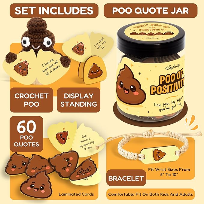 Positivity Poo Crochet Affirmation Jar - 60 Funny Affirmation Cards For Women Men, Support Poop Gifts, Cute Birthday Gifts For Teens Girl Trendy Stuff, Inspirational Gift For Him Her