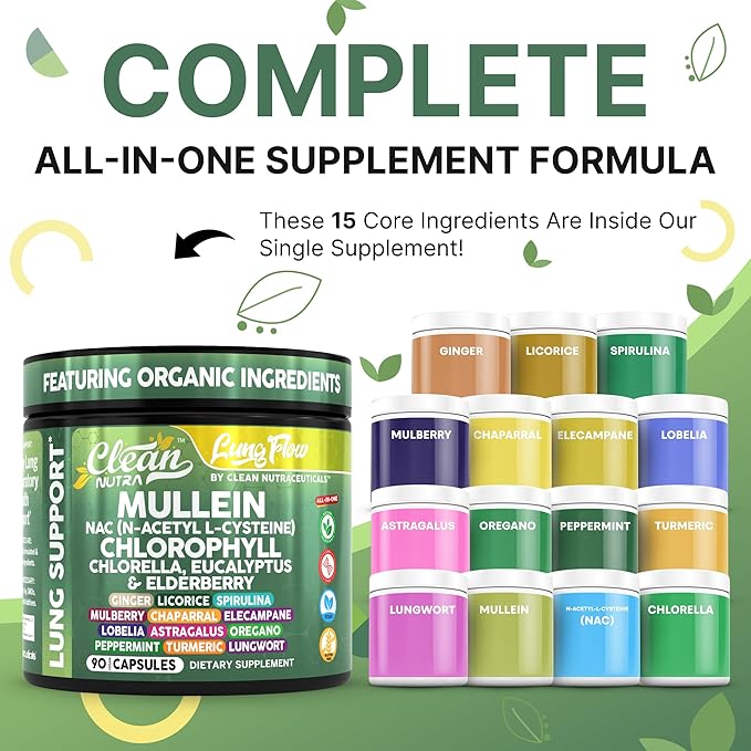 Clean Nutra Mullein Leaf Extract for Lungs Cleanse NAC Supplement Chlorophyll Chlorella Elderberry | Lung Detox for Smokers | Ginger Licorice Astragalus Oregano Turmeric Respiratory Support Capsules