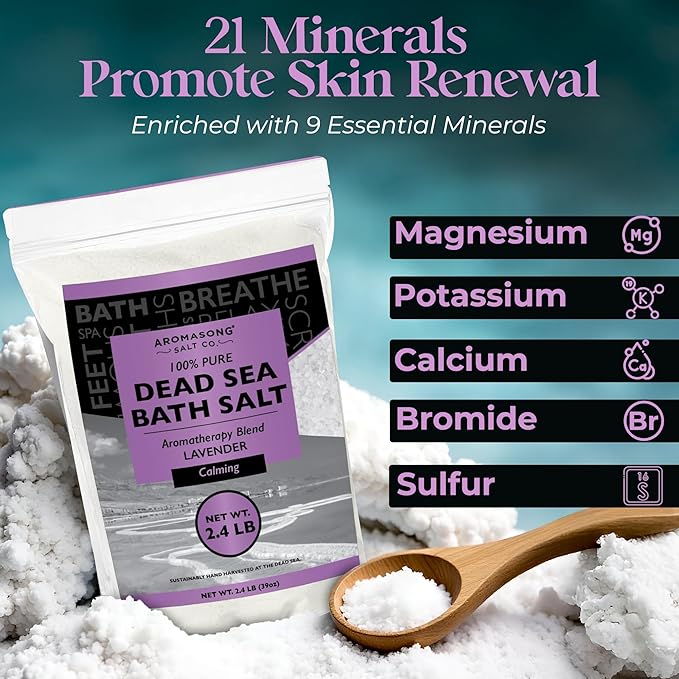 Aromasong Pure Dead Sea Salt for Soaking with 100% Natural Lavender, 2.43 LB - Spa Bath Salt Fine Grain - Body Wash Scrub - Soak for Women & Men- Bulk Resealable Pack