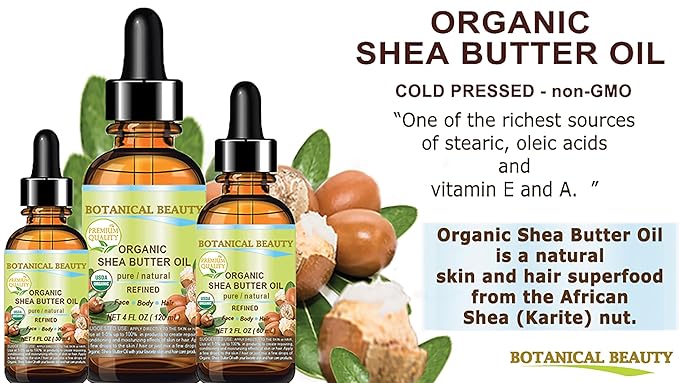 Botanical Beauty Organic SHEA BUTTER OIL 100% Pure Natural Undiluted Refined Cold Pressed Carrier Oil for Face, Skin, Hair, Lip, Nails. African Shea (Karite) Nut Oil (2 Fl Oz)