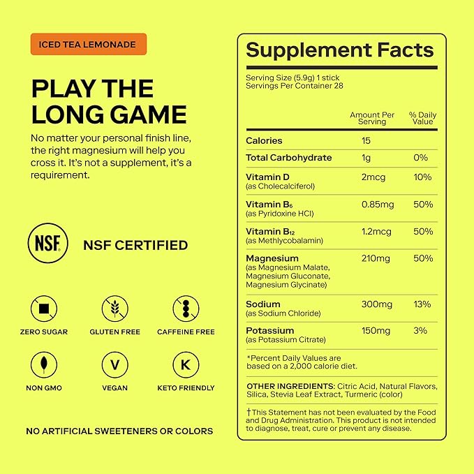 MAGNA Electrolyte Powder Drink Mix for Hydration, Energy & Focus Support with Magnesium L Threonate, Sodium, Potassium, Vitamin D, B6 & B12, Sugar Free, Tea Lemonade Flavor, 7 Servings