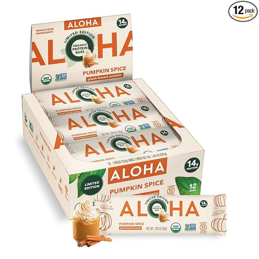 ALOHA Organic Plant Based Protein Bars - Pumpkin Spice, Vegan, Low Sugar, Gluten-Free, Low Carb, Non-GMO, No Stevia, No Erythritol - LIMITED EDITION, 12 Count (Pack of 1)