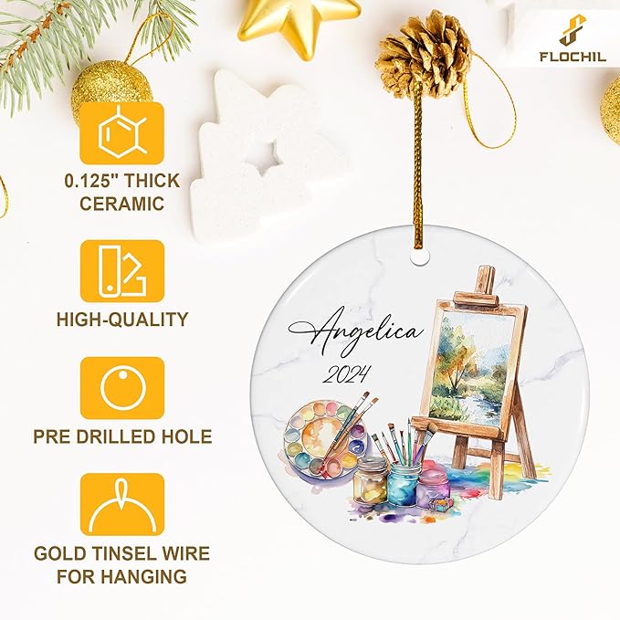 FLOCHIL Personalized Artist Ornaments for Christmas Tree, Custom Artist Palette Christmas Ornament with Name, Drawing Ornaments for Christmas Tree, Gifts for Girls, Christmas