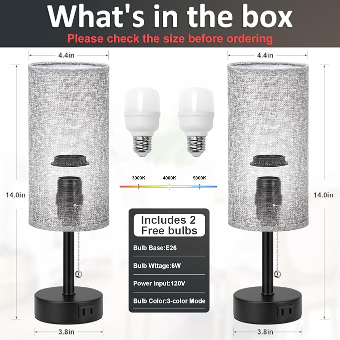Fenmzee Grey Bedside Table Lamps Set of 2-3 Color Temperatures Pull Chain Lamp with AC Outlet Charging Port, Round Night Stand Lamps for Bedroom Office, Small Bed Side Light with E26 LED Bulbs