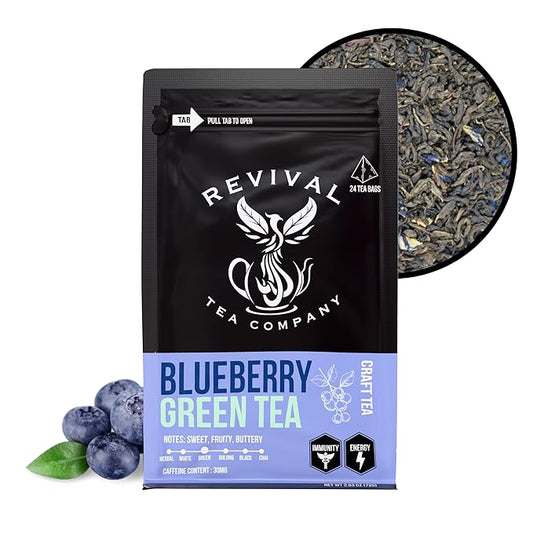 Revival Tea Company Blueberry Green Tea - Green Tea Blend with Natural Blueberry Flavor - 24 Tea Bags