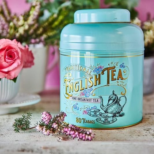 New English Teas Vintage Victorian Tea Caddy with 80 English Teabags (Teal), Forget My Not Gift