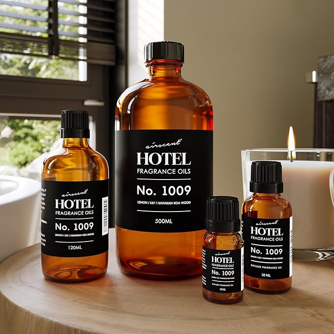 AirScent Hotel Diffuser Oil No. 1009 - Lemon Lily Hawaiian Koa Wood - Hotel Scent Dupe - Premium Fragrance Oil for Ultrasonic and Waterless Diffusers and Crafting - 120 mL, 4 fl oz Glass Bottle