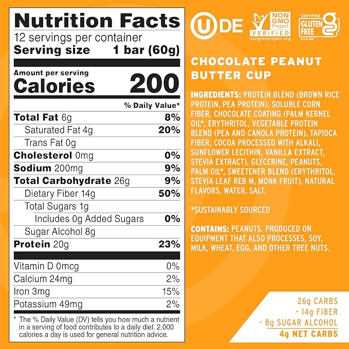 No Cow Vegan Protein Bars, Upgraded Peanut Butter Cup | 20g Plant Based Protein, Gluten Free, Dairy Free, Soy Free, Keto Friendly, Low Sugar, High Fiber Snack Bars | Pack of 12