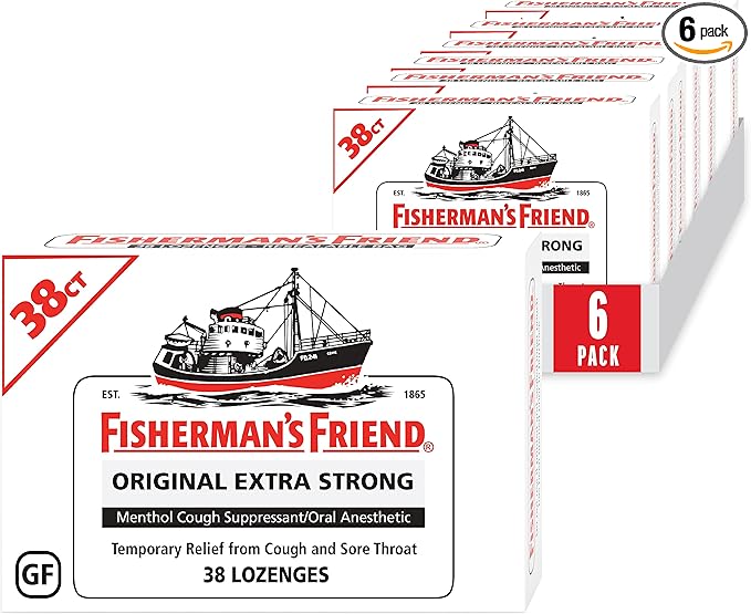 Fisherman's Friend Cough Drops, Cough Suppressant and Sore Throat Lozenges, Original Extra Strong, 10mg Menthol, 228 Drops (6 Packs of 38)
