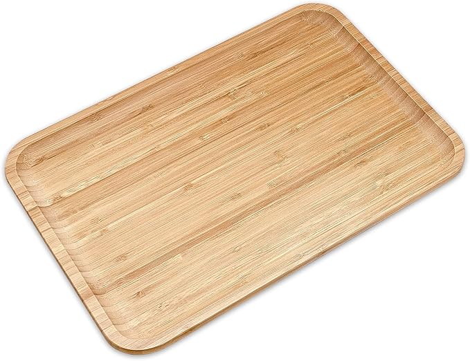 Bam&Boo Bamboo Serving Tray Natural Minimalist Rectangular (14.1” x 9.4" x 0.8") Coffee, Tea, Food, Drinks, Storage, Decor for Home, Kitchen, Bathroom