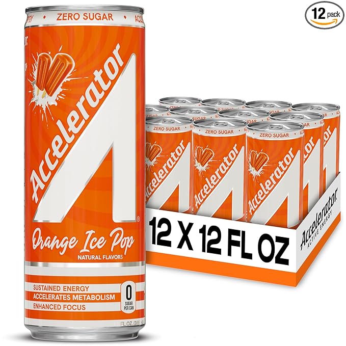 Accelerator Energy Drink Sugar Free, Orange Ice Pop 12oz can(12 pack), Zero Sugar Energy Drinks with Sustained Energy from 100% Natural Caffeine (200mg) & Green Tea extract