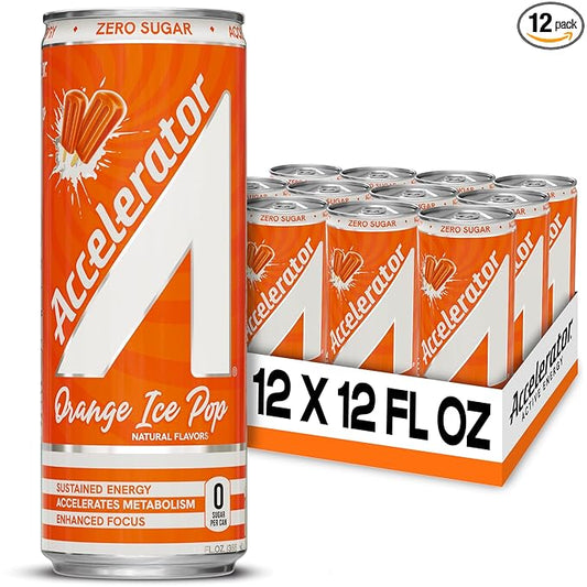 Accelerator Energy Drink Sugar Free, Orange Ice Pop 12oz can(12 pack), Zero Sugar Energy Drinks with Sustained Energy from 100% Natural Caffeine (200mg) & Green Tea extract
