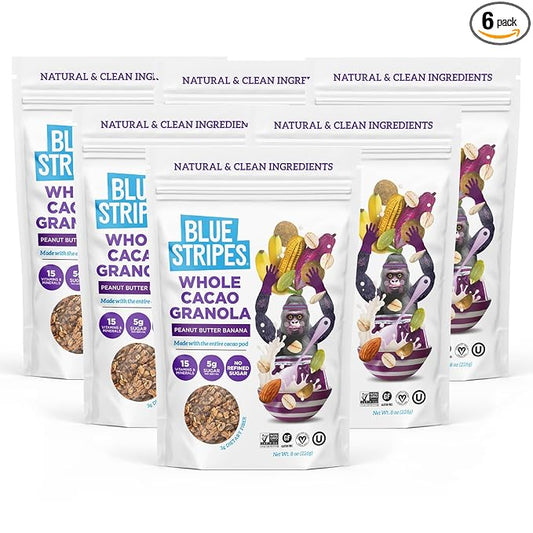 Blue Stripes Whole Cacao Granola - Gluten Free Dark Chocolate Granola for Cereal, Oatmeal, Yogurt, 5g Protein Per Serving, Source of Fiber, Vegan, Low Sugar - Peanut Butter Banana, 8 oz (6 Pack)
