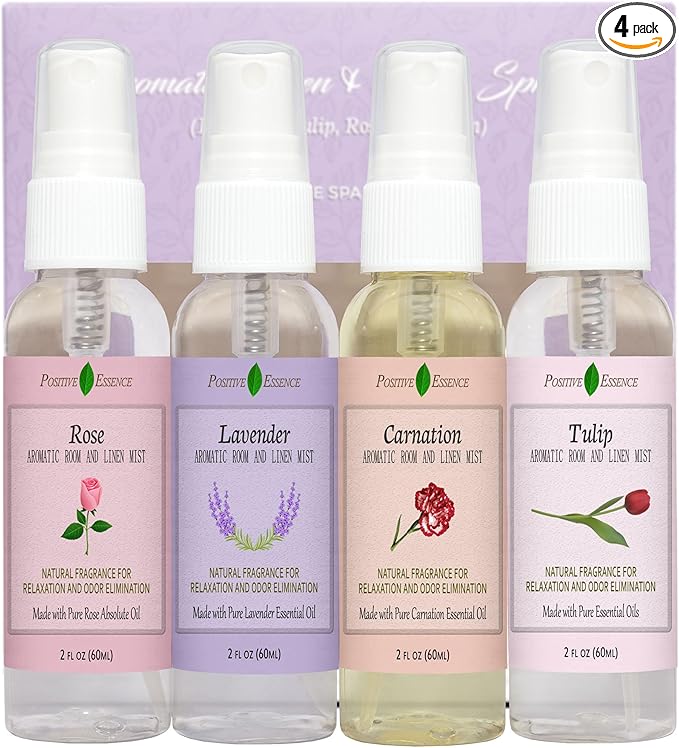 Linen and Room Spray Floral Gift Set, 4-Pack 60 mL (Lavender, Carnation, Rose, & Tulip) Natural Pillow Sprays Made with Pure Essential Oils & Minimal Ingredients, Bathroom Spray or Room Mist