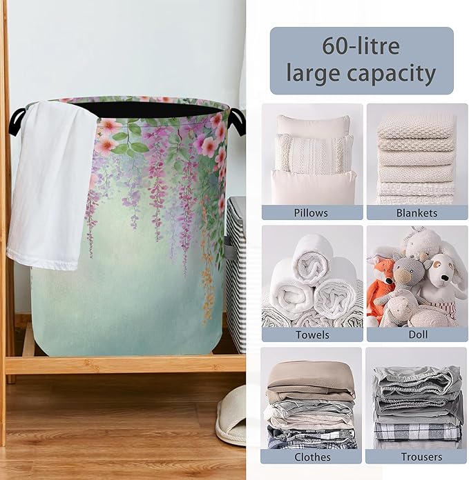 Colorful Flowers Laundry Basket,Foldable with Handles Tote Bag Oxford Cloth for Bathroom Bedroom Dirty Clothes Storage Bucket 16" x 20.8"