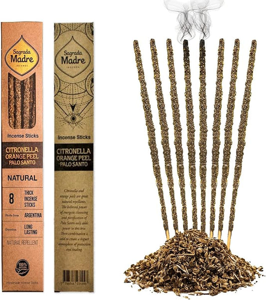 8 pcs Wildly Harvested Thick - Natural Citronella with Orange Incense Sticks, 9” Long - Eco Friendly,Non Toxic Incense Sticks (1hr Burning Time) to Heal & Purify Your Body & Surroundings
