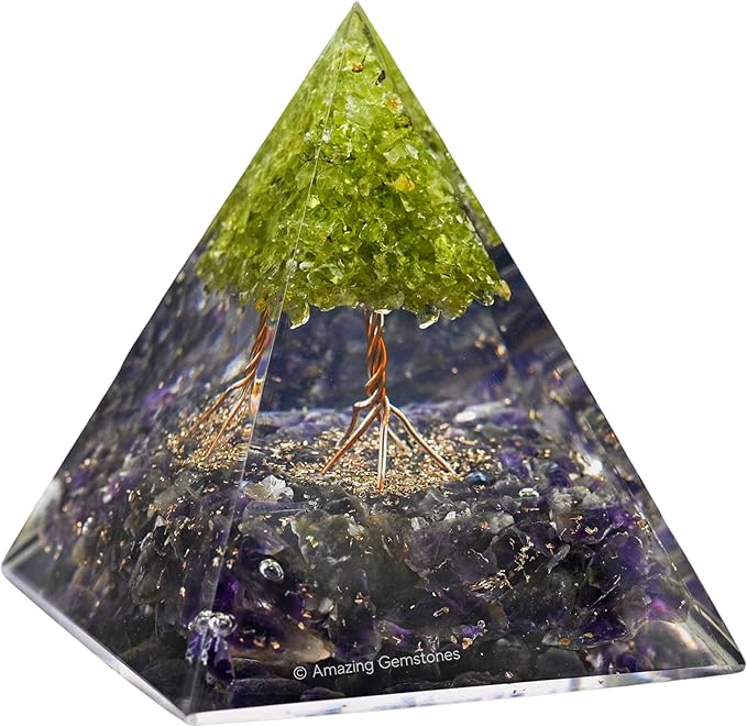 Amazing Gemstone Organite Orgone Pyramid Extra Large 105 MM - Orgone Energy Pyramid with Amethyst Crystals, Peridot Tree and Healing Stone - Orgonite Pyramids Crystals and Positive Energy