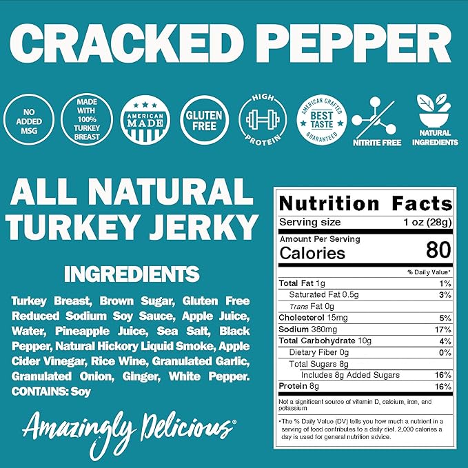 Field Trip Turkey Jerky, Gluten Free, Low Carb, Healthy High Protein Snacks, No Nitrates, All Natural Ingredients, Cracked Pepper, 2.2oz Bags, 4 Pack