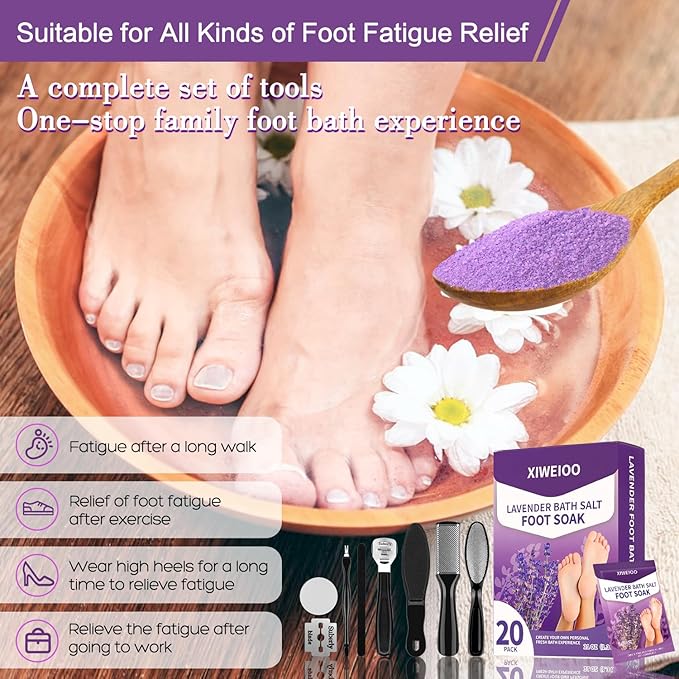40 Packs of Foot Bath soak Salts kit Lavender Epsom Salts Tea Tree Oil Dry Cracked HEE Toenail Athletes Foot, Stubborn Foot Odor Scent, Softens Calluses Pedicure Tired Feet spa Message