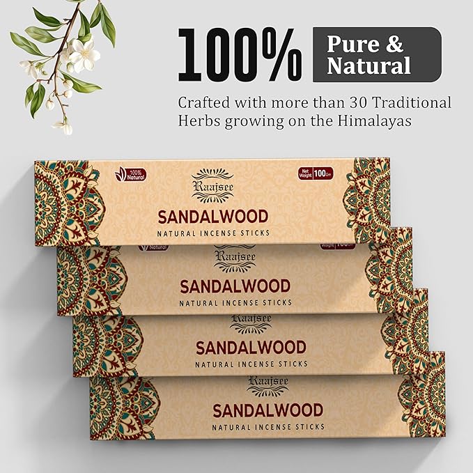 Raajsee Sandalwood Incense Sticks (180 gm), 100% Pure Organic Natural Hand Rolled Free from Chemicals - Sandalwood Incense Perfect for Aromatherapy, Cleansing, Meditation, and Church (Pack of 12)