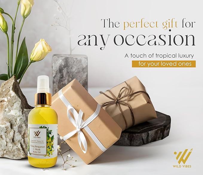 Wild Vibes Ylang Bergamot + Musk Luxury Body Oil – Organic, After Shower for Women with Tropical Oils, Anti-Aging and Hydrating Formula for Smooth, Radiant Skin – 4 oz