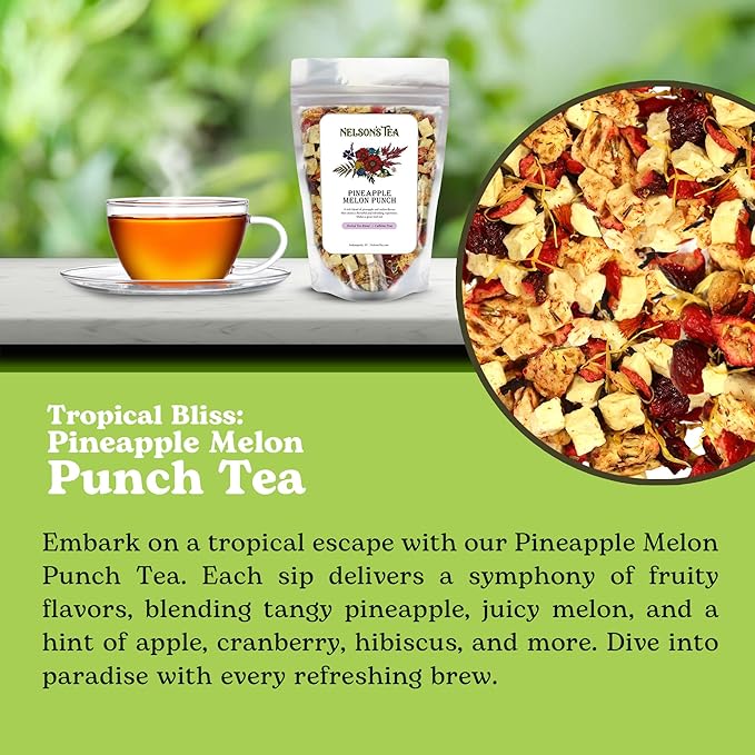 Nelson's Tea Pineapple Melon Punch - Caffeine Free, Cut & Sifted Rooibos Green Tea with Apple, Cranberry, Hibiscus, Marigod and Safflower Loose Leaf Tea (16 oz)