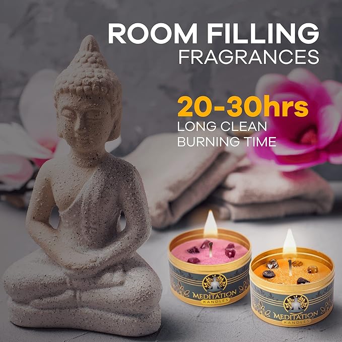 Meditation Candles with Crystals | Natural Aromatherapy Candles for Relaxation & Healing | Stress Relief Candles for Yoga, Meditation & Self Care | 4 Pack Gift Set