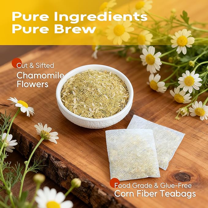 FullChea - Chamomile Tea bags, 120 Teabags, 1.2g/bag - Pure & Natural Chamomile Flowers - Caffeine-free Herbal Tea for Relaxation - Support Digestion & Boost Immune System