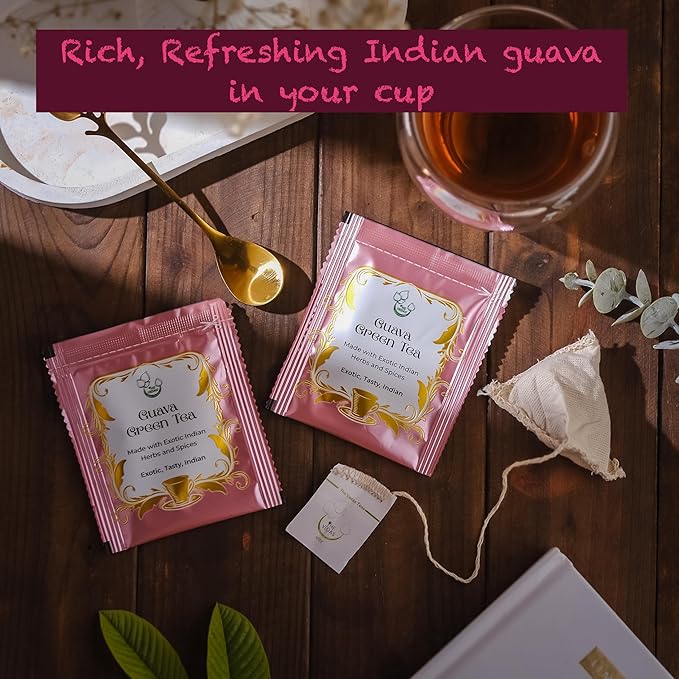 THE VEDAS Guava Green Tea | Herbal Tea made of Guava leaf, Guava fruit and Green Tea | Biodegradable Cotton Teabags | 20 Tea Bags(Pack of 1)