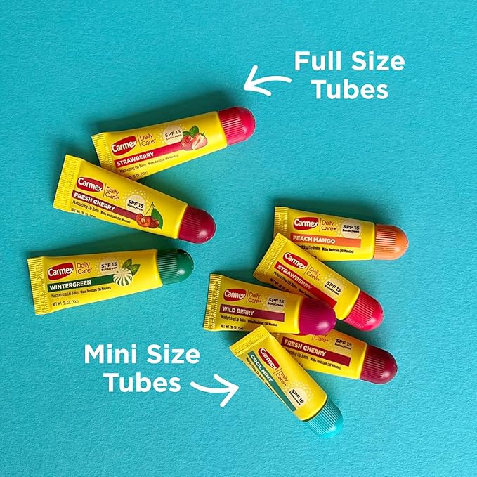 Carmex Daily Care and Daily Care Minis Moisturizing Lip Balm Pack, SPF 15, Multi-Flavor Lip Care Variety Pack Bag, 8 Count (3 Tubes, 5 Mini Tubes)
