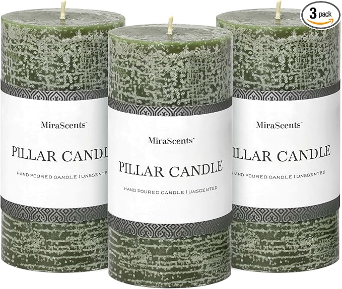 3x6 Inch Moss Green Pillar Candles - Set of 3, Long Clean Burning, Smokeless Dripless Candles for Spring Home Decor, Dinner Table, Bathroom, Rustic Decor