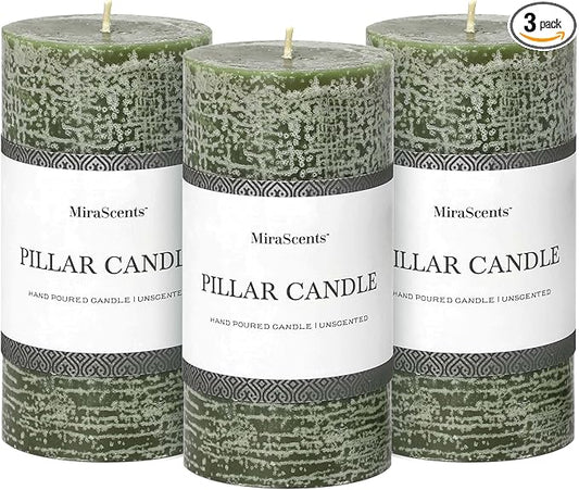 3x6 Inch Moss Green Pillar Candles - Set of 3, Long Clean Burning, Smokeless Dripless Candles for Spring Home Decor, Dinner Table, Bathroom, Rustic Decor