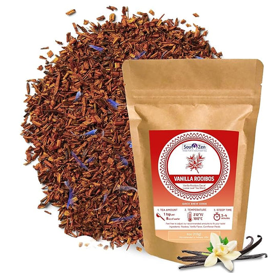 Sou Zen Organic Vanilla Rooibos Tea 4oz (113g) | Decaf Loose Leaf Herbal Red Tea Blend | Naturally Caffeine and Preservative-Free