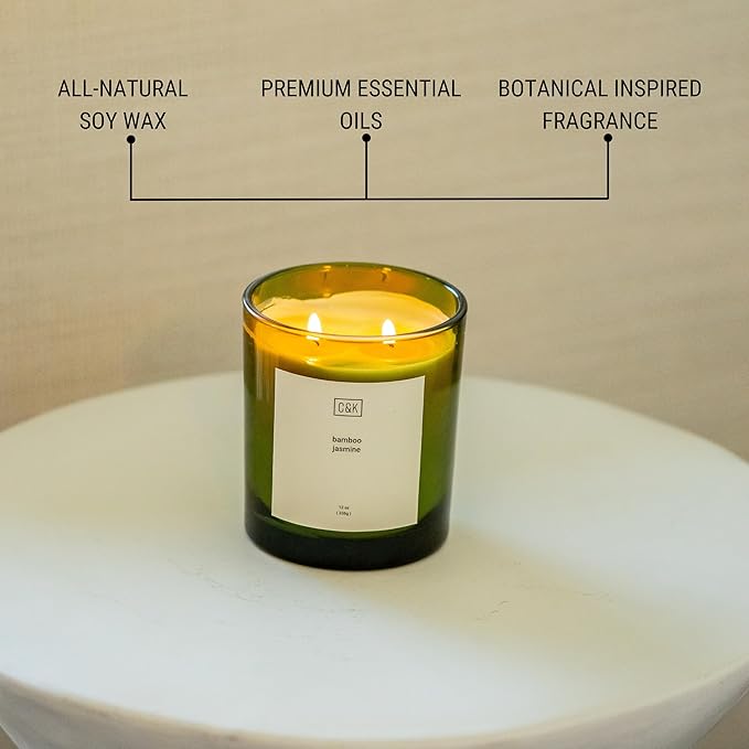Craft & Kin 12oz Bamboo Jasmine Candle for Home | Premium Green Fall Scented Candles for Men | Made with Natural Soy | Gifts for Men and Women | Nature Collection