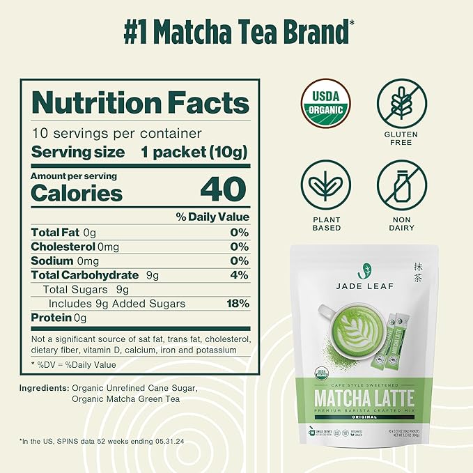 Jade Leaf Organic Matcha Latte Mix - Cafe Style Sweetened Blend - Sweet Matcha Green Tea Powder - 10ct Single Serve Stick Packs