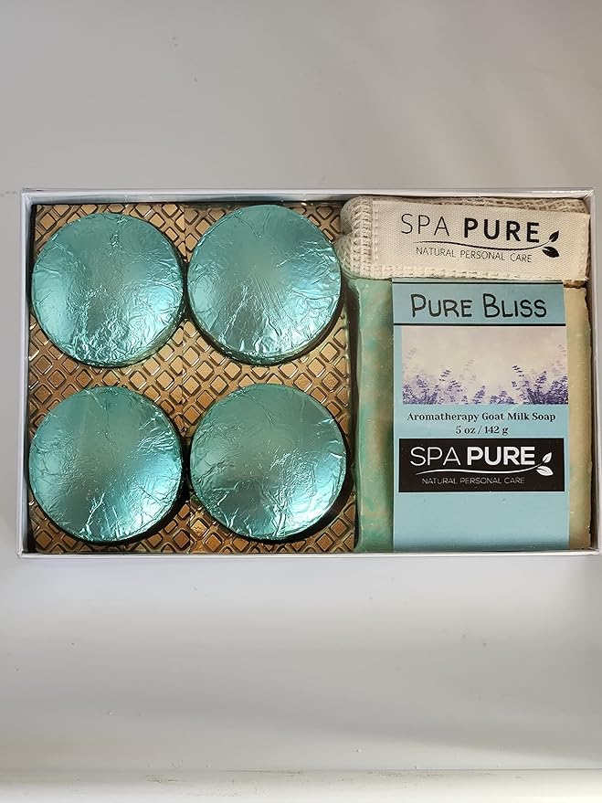 Spa Pure Aromatherapy Gift Set: Pure Bliss Artisan soap, Shower Steamers, USA made with plant based ingredients, essential oils, all natural Cotton Soap Bag & Steamer Bag)