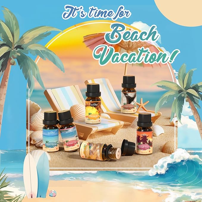 Beach Essential Oils Set, SNOWSEN Fragrance Oil for Diffuser, Candle Making, Soap Making, Spray,Sunbeam Coconut, Pineapple, Ocean Breeze, Sunset Cove, Golden Beach, Hawaiian Sea, Tropical Scented Oil