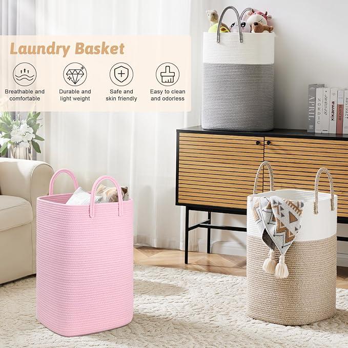 Laundry Basket,Woven Cotton Rope Laundry Hamper,60L Versatile Storage for Dirty Clothes,Baby Toys,and Blankets in Bathroom, Nursery,and Living Room