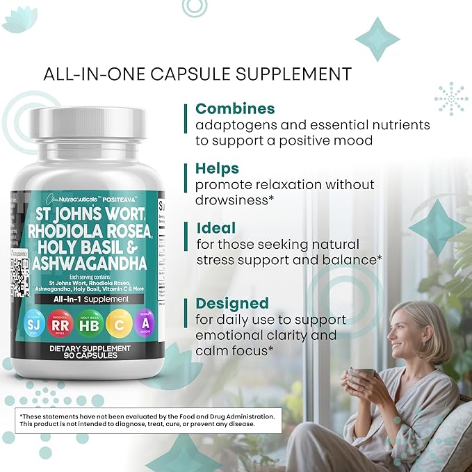 Clean Nutraceuticals St Johns Wort Rhodiola Rosea Holy Basil Ashwagandha - Mood Support for Women and Men with Vitamin C & Black Pepper Extract - 90 Caps