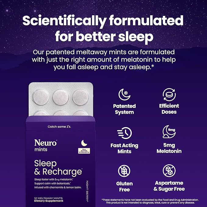 Neuro Melatonin 5mg Sleep & Recharge Mints (72 Pieces) - Fast Dissolve Melatonin Sugar Free Mints with Lemon Balm & Chamomile for Better Sleep - Calm Sleep Supplement for Adults - Night Berry Flavor