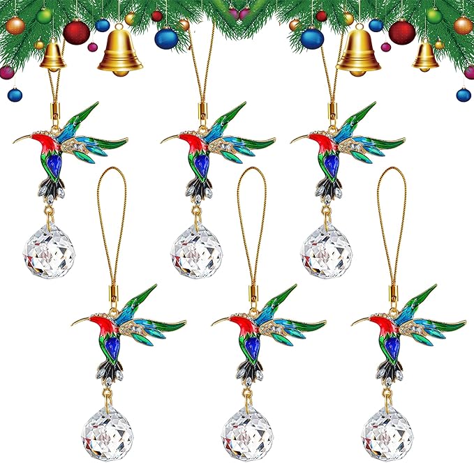 H&D HYALINE & DORA 6 Pcs Hummingbird Hanging Ornaments Christmas Hummingbird Ornaments Clear Crystal Ball Hanging for Christmas Tree Party Home DIY Craft