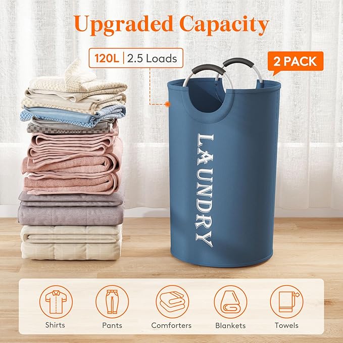 Lifewit 120L 2-Pack Large Laundry Basket, Collapsible Laundry Hamper with Aluminum Handles, Waterproof Freestanding Dirty Clothes Hampers for Laundry Room Bedroom Dorm Bathroom, Blue