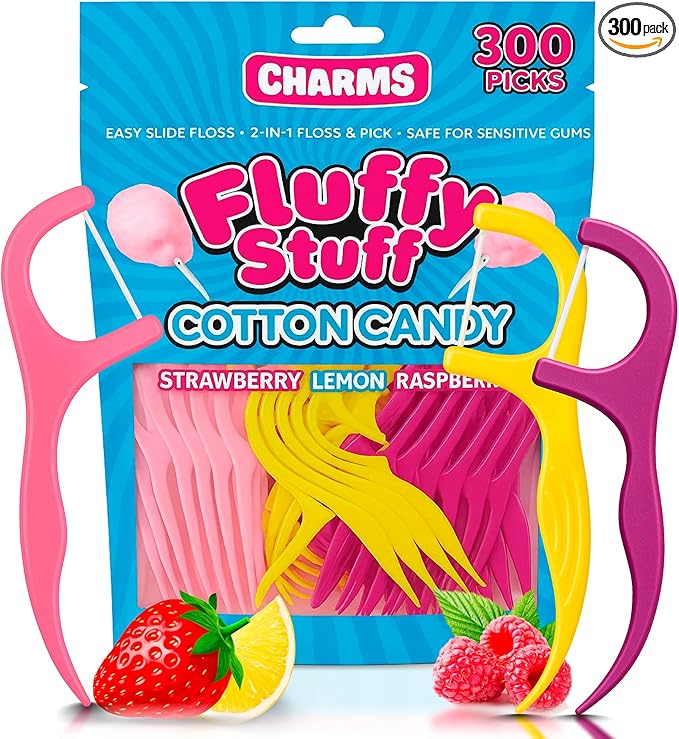 Flavored Floss Picks, 300 Count, Dental Floss Picks for Teeth with Fun Fruit Flavors, Flosser Picks for Adults and Children, | Strawberry, Lemon & Raspberry Flavor