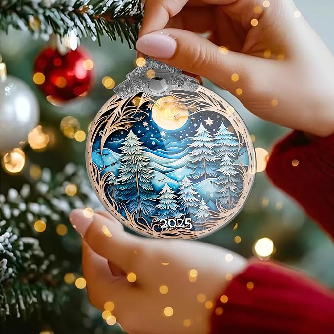 Christmas Ornaments, Winter Night Landscape 2025 Christmas Ornament, Large Acrylic Ornaments for Christmas Tree, White Elephant Gifts, Christmas Decor (Blue Forest)
